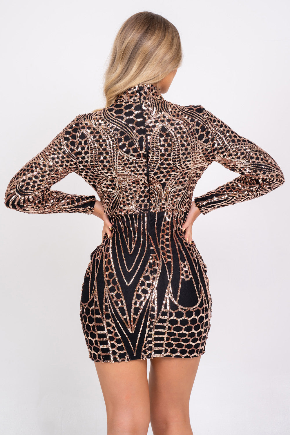 Habibti Black & Rose Gold Luxe Sequin Embellished Hourglass Illusion Dress
