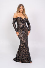 Bella Luxe Vip Black Sequin Embellished Illusion Off The Shoulder Long Sleeve Maxi Fishtail Dress