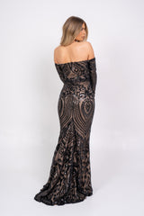 Bella Luxe Vip Black Sequin Embellished Illusion Off The Shoulder Long Sleeve Maxi Fishtail Dress