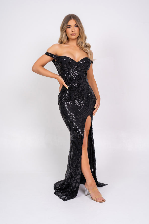 Angelika Black Luxe Sequin Embellished Off The Shoulder Maxi Slit Dress