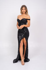 Angelika Black Luxe Sequin Embellished Off The Shoulder Maxi Slit Dress