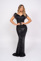 Kendal Black Luxe Vip Plunge Tassel Fringe Sequin Embellished Illusion Maxi Dress