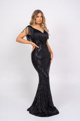 Kendal Black Luxe Vip Plunge Tassel Fringe Sequin Embellished Illusion Maxi Dress