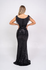Kendal Black Luxe Vip Plunge Tassel Fringe Sequin Embellished Illusion Maxi Dress
