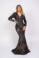 Arabella Black Luxe Tribal Vip Sequin Plunge Fishtail Dress