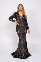 Arabella Black Luxe Tribal Vip Sequin Plunge Fishtail Dress