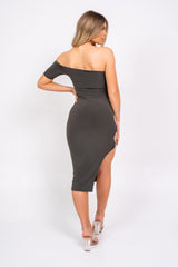The Baddest Khaki Slinky Bodycon One Shoulder Cut Out Slit Ring Dress