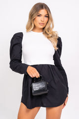 Best Behavior Overlay Black and White Puff Sleeve Shirt Dress