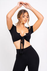 Never Endin' Black Ribbed Two Piece Tie Front Top High Rise Flare Wide Trousers Co-ord Set