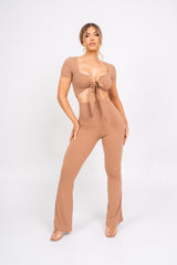 Never Endin' Sand Ribbed Two Piece Tie Front Top High Rise Flare Wide Trousers Co-ord Set