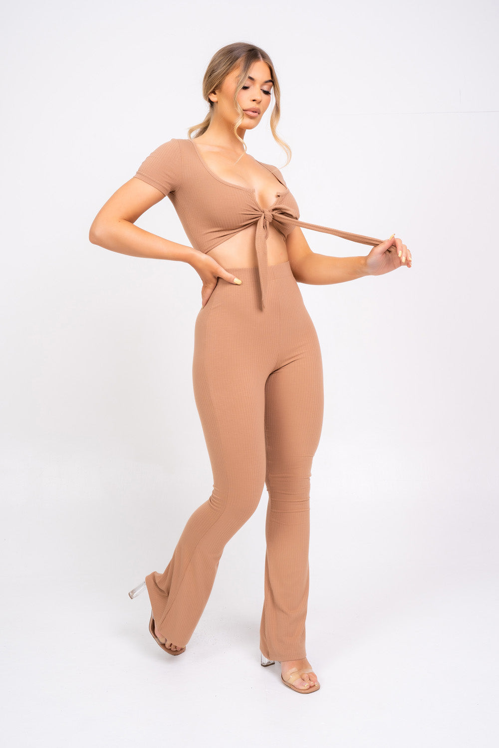 Never Endin' Sand Ribbed Two Piece Tie Front Top High Rise Flare Wide Trousers Co-ord Set