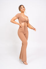 Never Endin' Sand Ribbed Two Piece Tie Front Top High Rise Flare Wide Trousers Co-ord Set