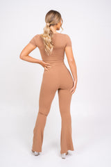 Never Endin' Sand Ribbed Two Piece Tie Front Top High Rise Flare Wide Trousers Co-ord Set