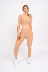 Dion Sand Honeycomb Sports Cropped Top & leggings Co-ord Fitness Set