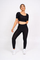 Dion Black Honeycomb Sports Cropped Top & leggings Co-ord Fitness Set