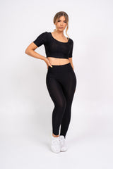 Dion Black Honeycomb Sports Cropped Top & leggings Co-ord Fitness Set