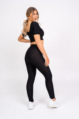 Dion Black Honeycomb Sports Cropped Top & leggings Co-ord Fitness Set