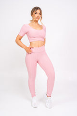 Dion Blush Pink Honeycomb Sports Cropped Top & leggings Co-ord Fitness Set