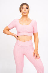 Dion Blush Pink Honeycomb Sports Cropped Top & leggings Co-ord Fitness Set