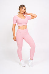 Dion Blush Pink Honeycomb Sports Cropped Top & leggings Co-ord Fitness Set