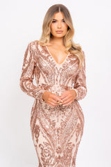 Arabella Rose Gold Luxe Tribal Vip Sequin Plunge Fishtail Dress