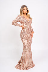 Arabella Rose Gold Luxe Tribal Vip Sequin Plunge Fishtail Dress