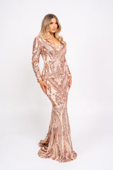 Arabella Rose Gold Luxe Tribal Vip Sequin Plunge Fishtail Dress