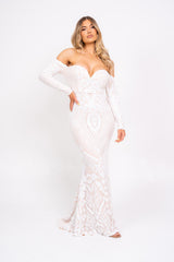 Bella Luxe Vip White Sequin Embellished Illusion Off The Shoulder Long Sleeve Maxi Fishtail Dress