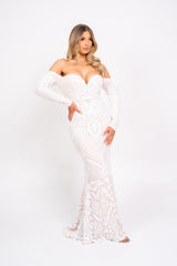 Bella Luxe Vip White Sequin Embellished Illusion Off The Shoulder Long Sleeve Maxi Fishtail Dress