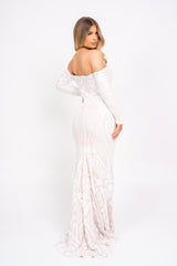 Bella Luxe Vip White Sequin Embellished Illusion Off The Shoulder Long Sleeve Maxi Fishtail Dress