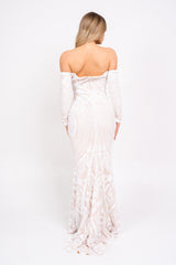 Bella Luxe Vip White Sequin Embellished Illusion Off The Shoulder Long Sleeve Maxi Fishtail Dress