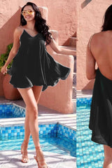 Maddie Black Gold Chain Detail Chiffon Floaty Mini Dress