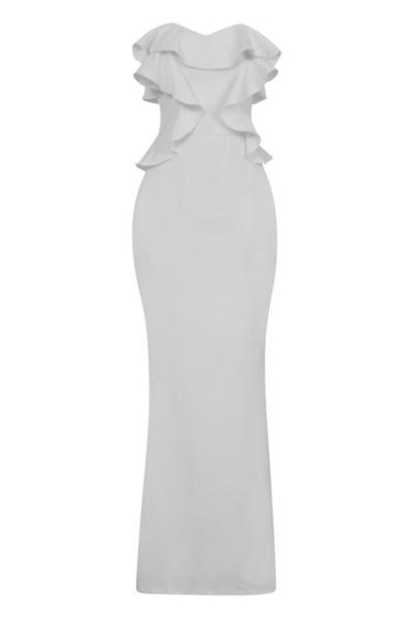 Paloma White Strapless Frill Ruffle Bodycon Slinky Mermaid Maxi Dress