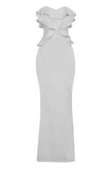 Paloma White Strapless Frill Ruffle Bodycon Slinky Mermaid Maxi Dress