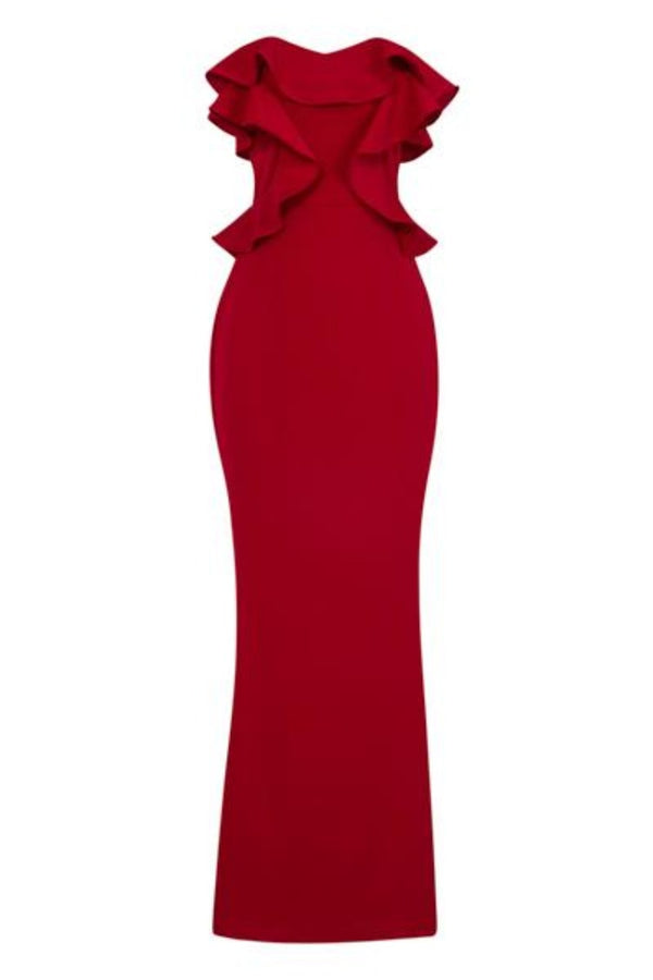 Paloma Red Strapless Frill Ruffle Bodycon Slinky Mermaid Maxi Dress