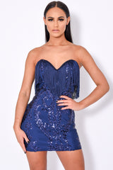 Promises Navy Luxe Sweetheart Tassel Fringe Sequin Bodycon Dress