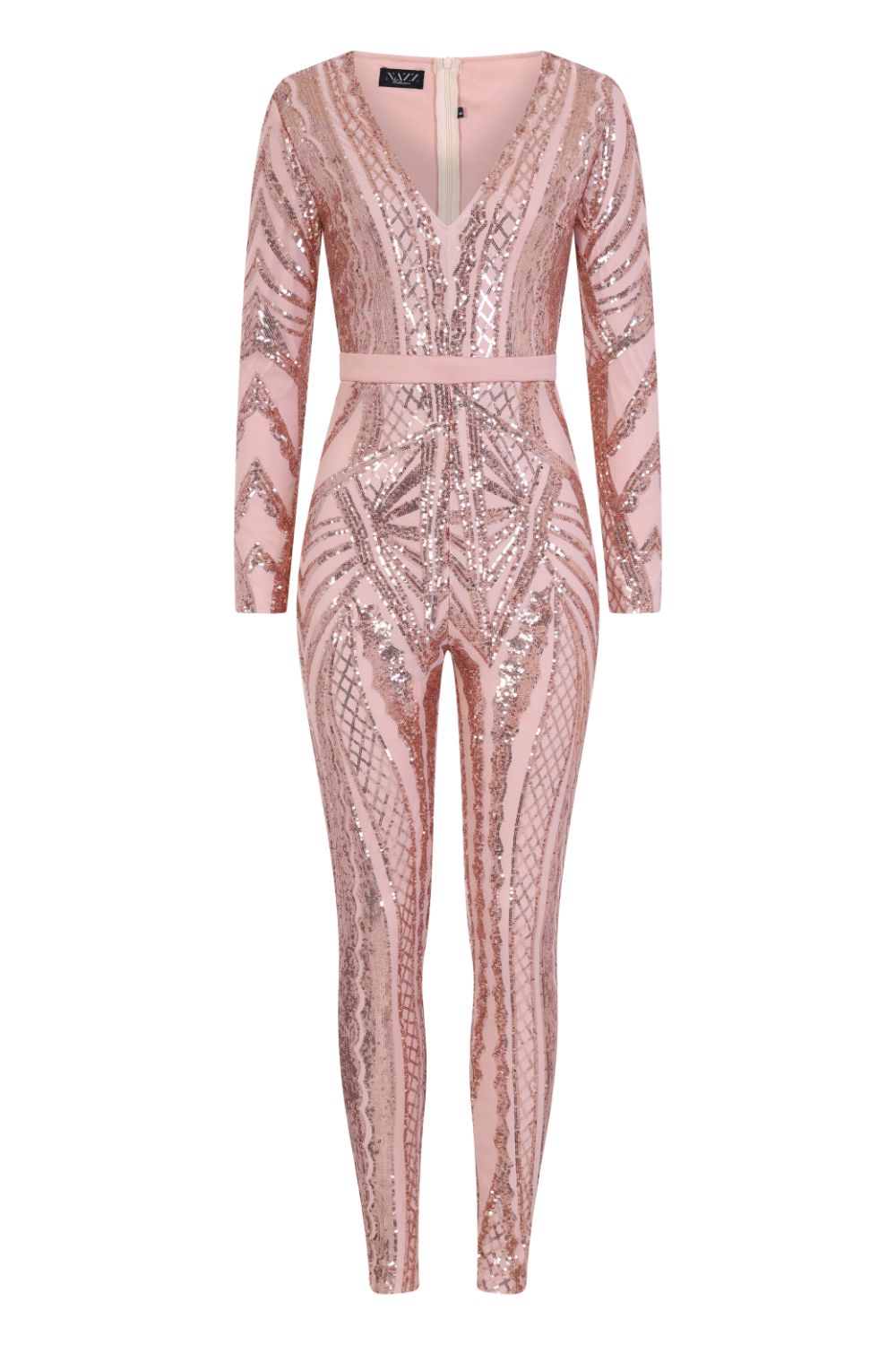 Tease Me Vip Rose Gold Nude Plunge Illusion Sequin Embellished Jumpsuit