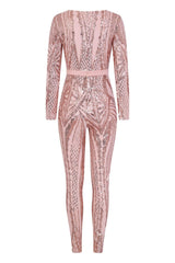 Tease Me Vip Rose Gold Nude Plunge Illusion Sequin Embellished Jumpsuit