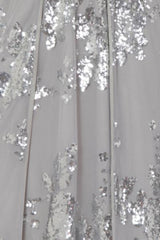 Clara Silver Plunge Long Sleeve Floral Sequin Double Slit Dress