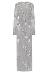 Clara Silver Plunge Long Sleeve Floral Sequin Double Slit Dress