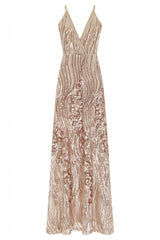 Amor Rose Gold Sheer Shimmer Floral Sequin Slit Maxi Dress