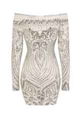 Iliana Silver Luxe Sequin Embellished Off The Shoulder Dress