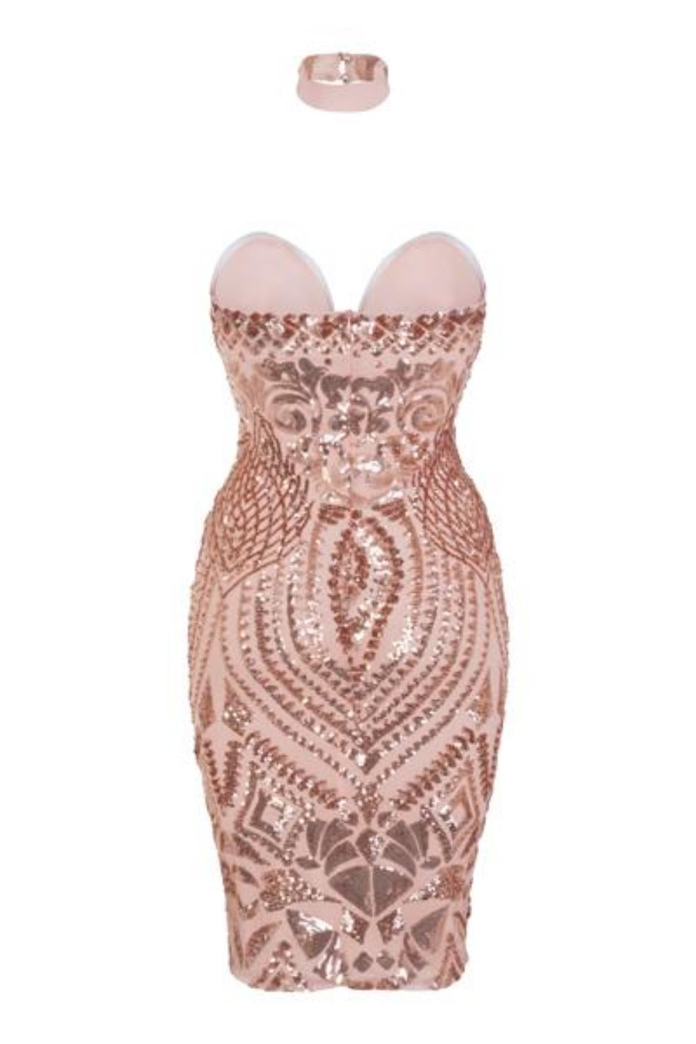 Aphrodite Rose Gold Luxe Sweetheart Plunge Sequin Embellished Midi Dress