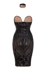 Aphrodite Black Luxe Sweetheart Plunge Sequin Embellished Midi Dress