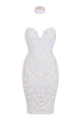 Aphrodite White Luxe Sweetheart Plunge Sequin Embellished Midi Dress