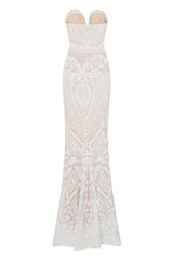 Kenza White Luxe Sweetheart Plunge Sequin Embellished Fishtail Dress