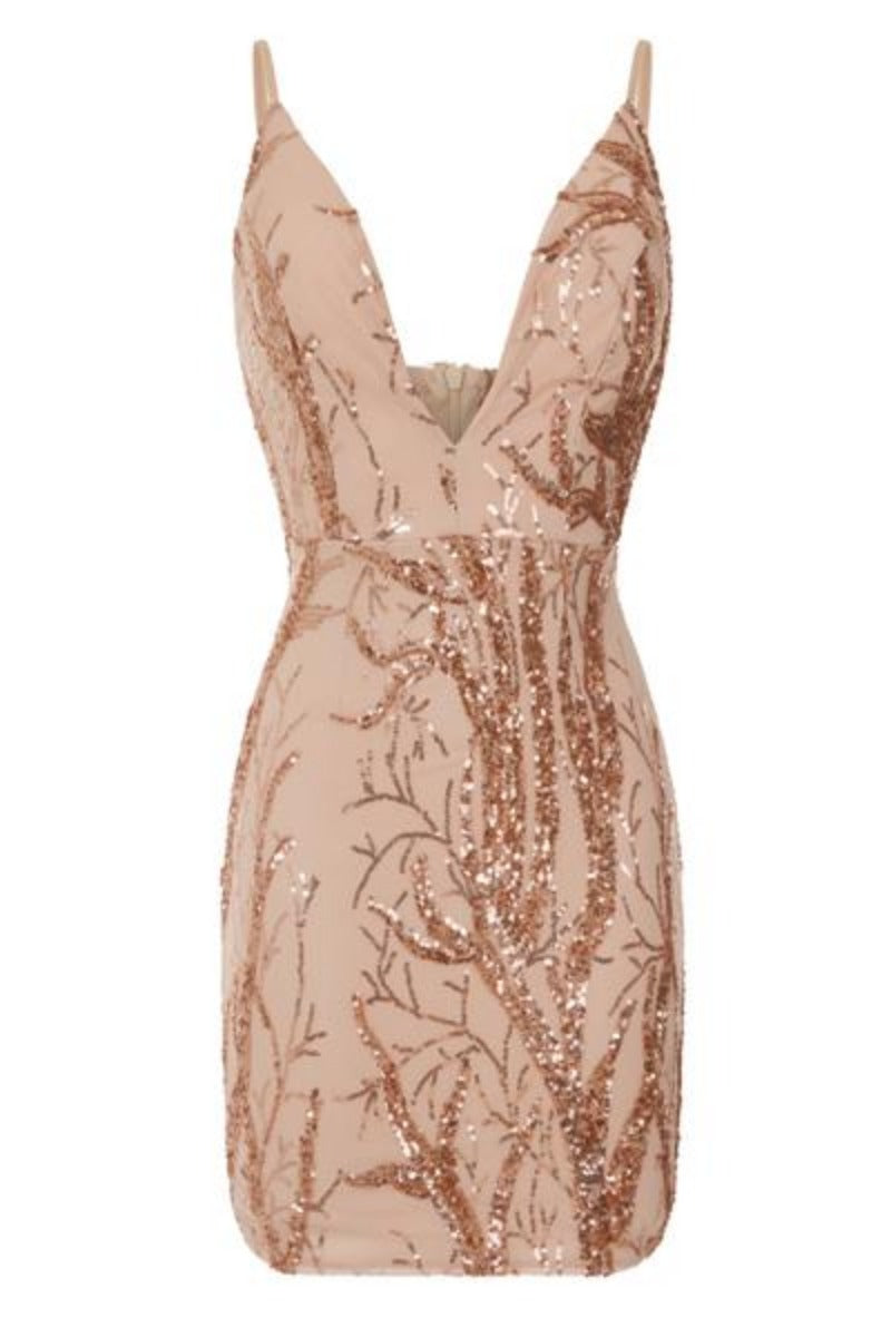 Cavalli Luxe Tree Rose Gold Plunge Leaf Embellished Sequin Dress