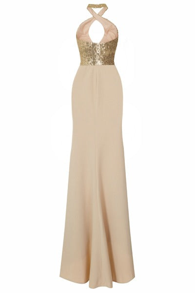 Desire Golden Sequin Keyhole Bust Nude Slinky Fishtail Maxi Dress