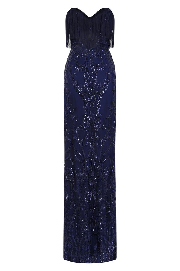 Runway Navy Luxe Sweetheart Tassel Fringe Sequin Fishtail Dress