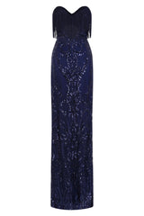 Runway Navy Luxe Sweetheart Tassel Fringe Sequin Fishtail Dress